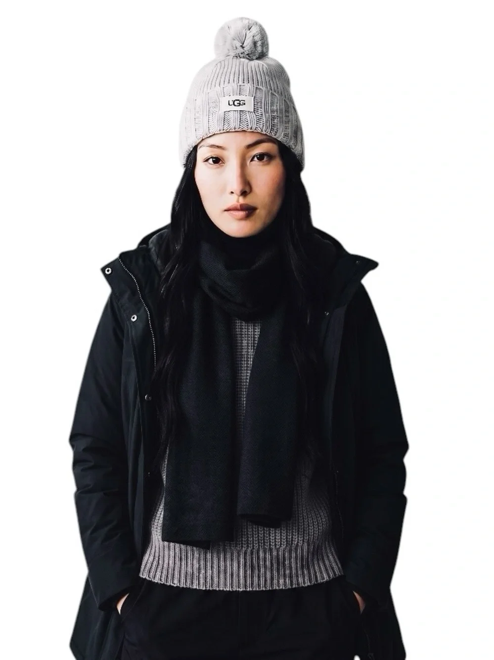 UGG Rib Cuff Hat Yarn Pom Knit Beanie Heather Gray Wool Blend One Size NWT